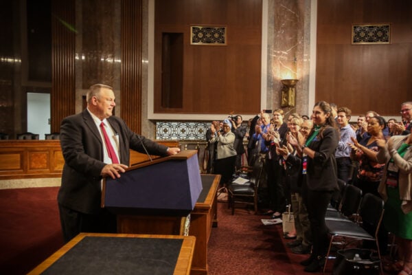 Sen. Jon Tester (D-MT) speaks at the 2019 NAfME Hill Day rally and singalong.